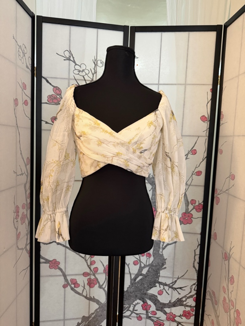 Zimmermann Ivory Floral Wrap Crop Top with Puff Sleeves
